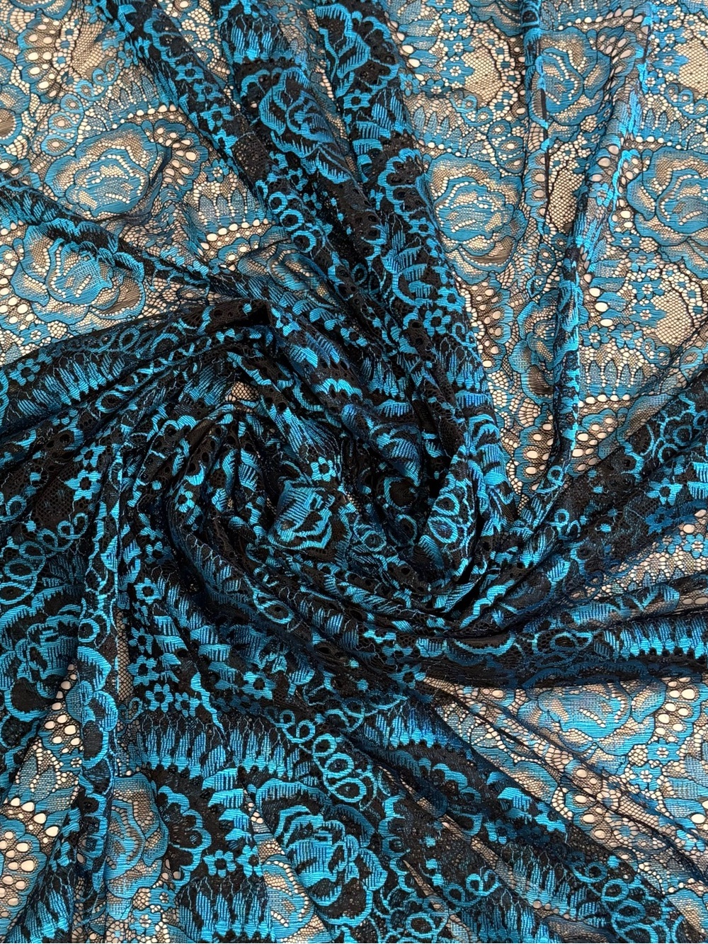Black & Teal Floral Lace Sheer Fabric